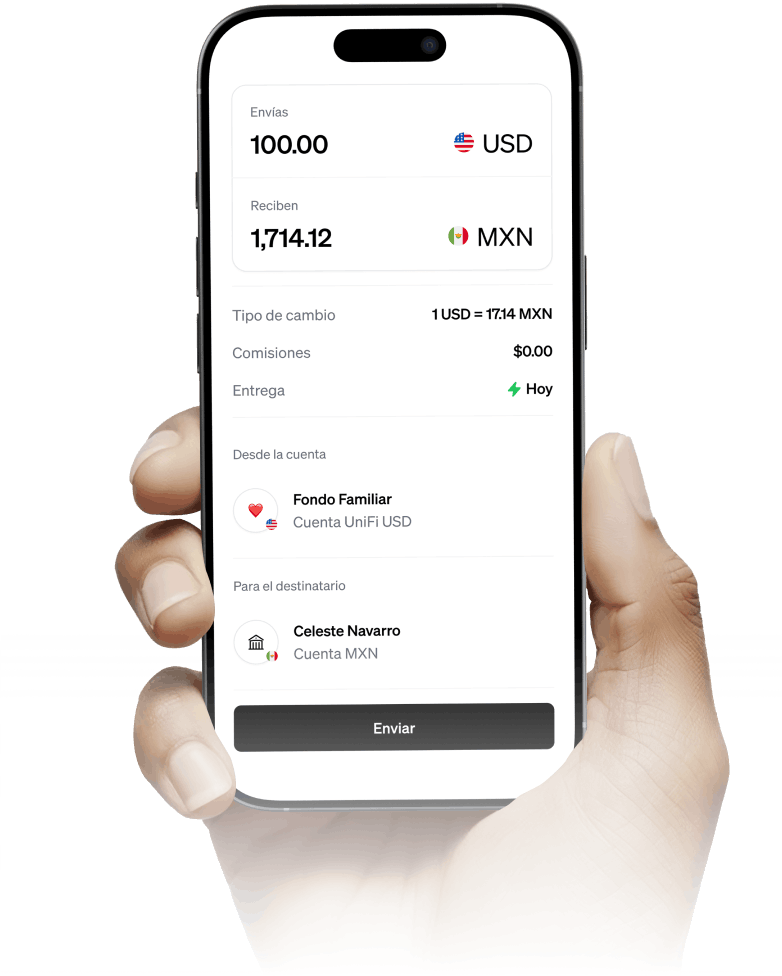 App UniFi mostrando transferencia instantánea a México